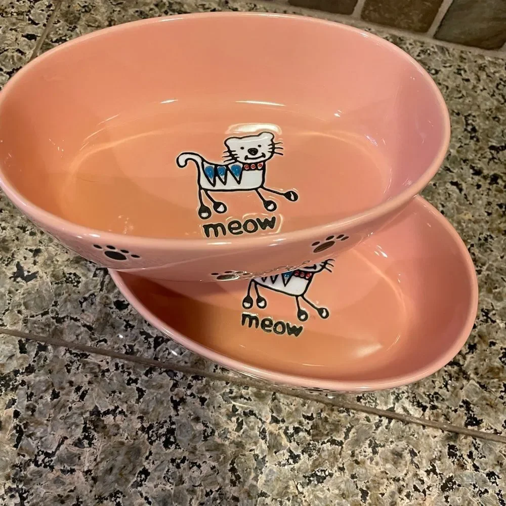 Pet Rageous Adorable Peach Ceramic Cat Bowls set of 2